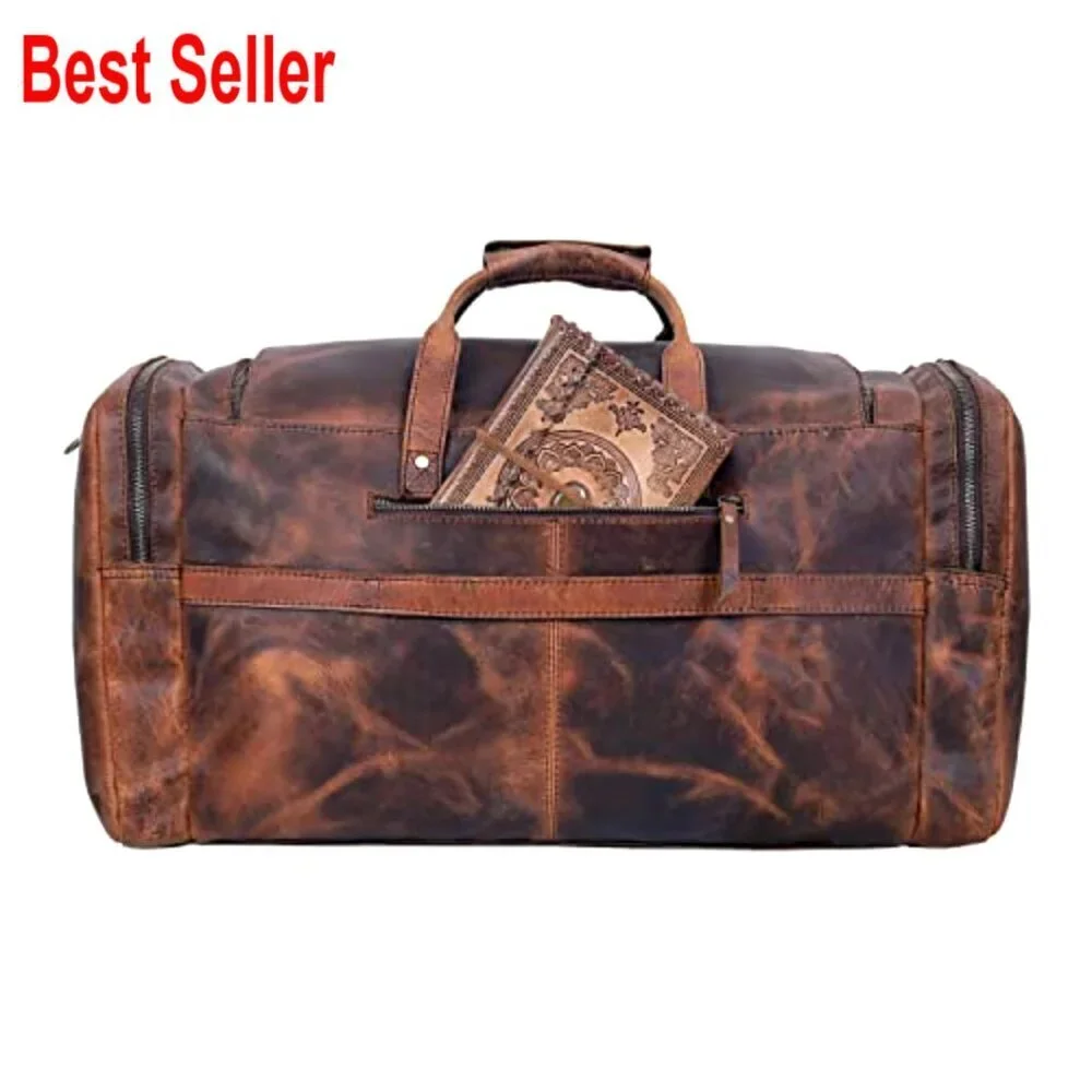 Full Grain Leather Duffel Bag with YKK Zippers, 32 Inch Travel Bag